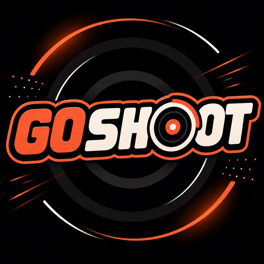 Go Shoot 品牌識別:橘色放射 wordmark 方圖